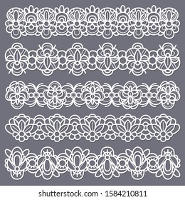 Lace borders. Seamless vintage cotton lace eyelets, horizontal stripe handmade. Embroidered decorative ornate pattern ribbons isolated cutting vector lacy set