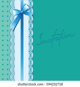 Lace and bow on a turquoise background. Vintage background with lace border and satin ribbon with a bow. Invitation card or template shower card baby. Vector Image.