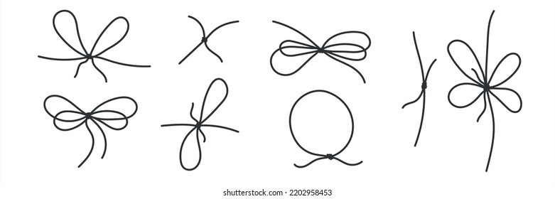 Lace bows or bow knot sketch. Rope knots, marine knots. Vector illustration.