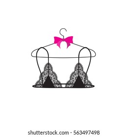 Lace bralette on hanger. Vector illustration. 