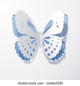 Lace butterfly cut out of paper on a blue background. Abstract design. Vector illustration. 