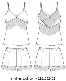 LACE CAMI AND SHORTS FLAT SKETCH OF NIGHTWEAR SET FOR WOMEN AND TEEN GIRLS IN EDITABLE VECTOR FILE