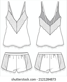 LACE CAMI AND SHORTS FLAT SKETCH OF NIGHTWEAR SET FOR WOMEN AND TEEN GIRLS IN EDITABLE VECTOR FILE