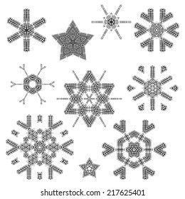 Lace Christmas elements. Checkered snowflakes and stars isolated on white background.