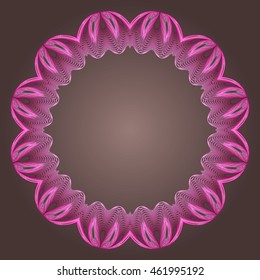 Lace circle ornament. Circular ornament. Frame. Bright pink round pattern on a gray gradient background. Vector illustration