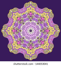  Lace circle ornament, ornamental geometric yellow and pink doily pattern.
