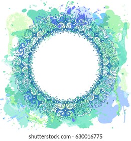 Lace circle ornamental frame on watercolor splash background with empty space for text or image. For invitations, banners and photo frame. Vector