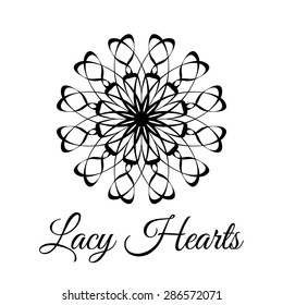 Lace classic calligraphy copperplate circle flower logo, pattern. Hearts and wedding 