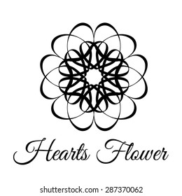 Lace classic calligraphy copperplate circle flower logo, pattern. Hearts and wedding 