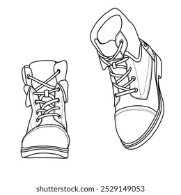 Botas de combate con cordones para mujer Zapatos de botines de tobillo de invierno de tacón bajo Arte de línea, boceto técnico Dibujo a mano Esquema Vector doodle ilustración frontal y lateral Vista isométrica 3D aislada en blanco 