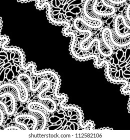 Lace corner on black, vector monochrome background in retro style