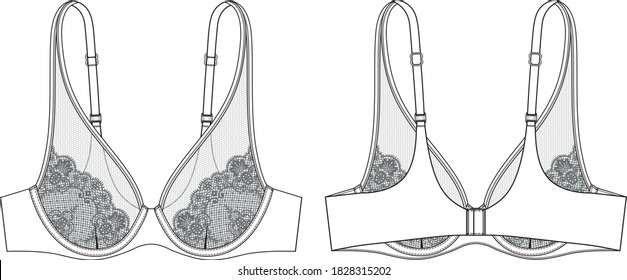 Lace Cup Bra technical illustration. Editable lingerie flat sketch