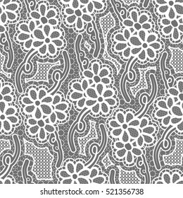 Lace dark seamless pattern with flowers on gray background Vector illustration
