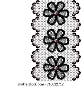 Lace decorated with pearls. Romantic background. Flowers. Frame. Border. Decoration. Beads.
