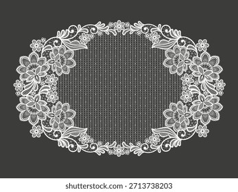 Elemento de decoración de encaje. Marco de flores de encaje blanco. Ramas de encaje blancas hechas a mano de Vector con flores. 