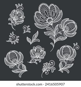 Lace decoration element.White lace flowers.Vector handmade white lace branches with flowers. Lace ribbon