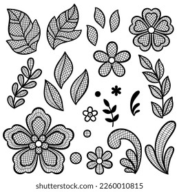 Elementos decorativos de encaje de flores y hojas. Decoración hecha a mano con bordado.