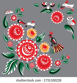 Lace decorative flowers and animals as decoration elements. Corner pattern. Gorodets style.