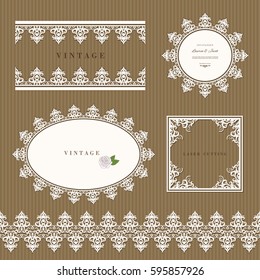 Lace decorative frame and border set. Lacy doilies. Wedding, birthday, baby shower, scrapbook design.