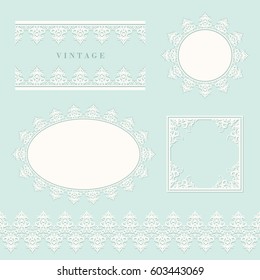 Lace decorative frame and border set on pastel blue. Round and oval lacy doilies. Wedding, birthday, baby shower, scrapbook design.