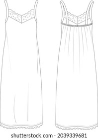 Lace detail long dress technical drawing vector