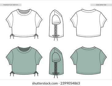 Lace up detail T shirt Fashion flat sketch.