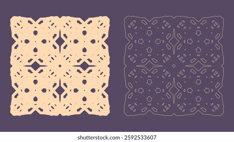 Lace or doilies pattern. Laser cut rectangular designs. Symmetrical patterns. Intricate details. Beige on purple. Contrasting styles. Decorative art. Vintage aesthetic. Isolated object. Flat style.