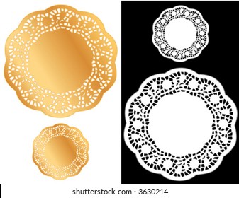 Lace Doilies, vintage pattern, antique design gold and white round place mats for Christmas, holiday celebrations, scrapbooks, albums, setting table, cake decorating, copy space. 