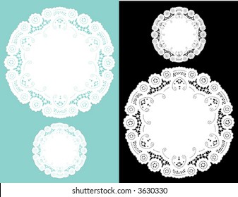 Lace Doilies, vintage pattern, antique design, small and large round place mats for Christmas, holiday celebrations, scrapbooks, albums, setting table, cake decorating, copy space. 