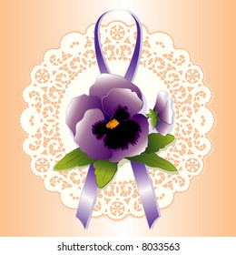 Lace Doily, antique vintage design pattern, lavender Pansy garden flower, ribbon. Victorian style gift ornament for Valentines Day, Mothers Day, pastel coral background.