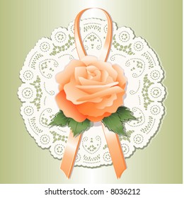 Lace Doily, antique vintage design pattern, apricot Rose, ribbon. Victorian style gift ornament for holidays, Valentines Day, Mothers Day. White isolated on pastel green background. 