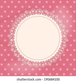 Lace doily border on a pink polka dot background
