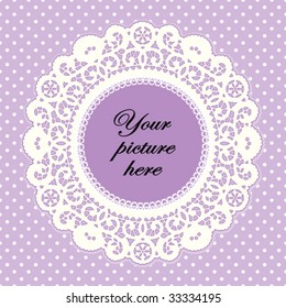 Lace Doily Frame, antique vintage design border pattern, pastel lavender polka dot background, copy space for picture, text. For Mothers Day, scrapbooks, albums, crafts, decorating. 