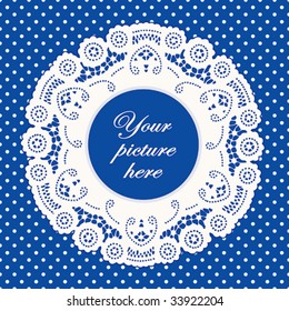 Lace Doily Frame, antique vintage design border pattern, bright blue polka dot background, copy space for picture or text. For scrapbooks, albums, crafts, decorating, celebrations. 