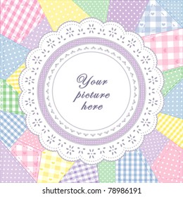 Lace Doily Frame, patchwork quilt, round eyelet, pastel gingham, polka dot fabric, applique embroidery. Copy space to customize with your favorite picture, text. For scrapbooks, baby books.