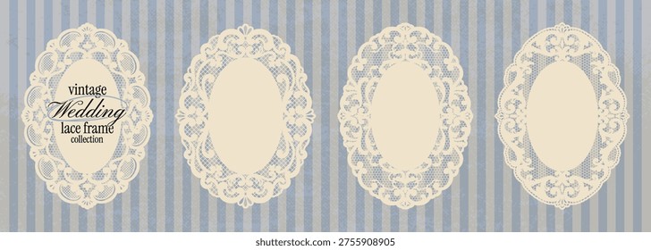 Conjunto de marco de tapete de encaje con Formas de malla floral. Encaje de papel caprichoso ovalado en estilo ganchillo con bordes decorativos. Vector caprichosas siluetas botánicas, Formas de garabato para scrapbooking, collage de boda.
