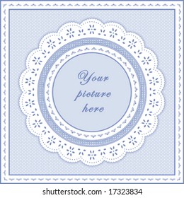 Lace Doily Frame. Vintage white eyelet design pattern, round copy space, pastel blue polka dot background. EPS8 includes polka dot pattern swatch that will seamlessly fill any shape.