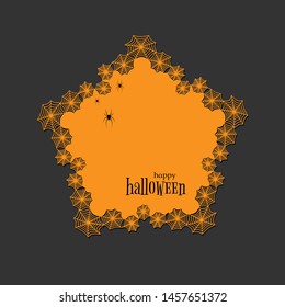 Lace doily lasercut paper Halloween theme Round spiderweb and spider pattern Banner pentagon doily with text Happy Halloween on a dark background lasercut frame Design element for laser cutting Vector