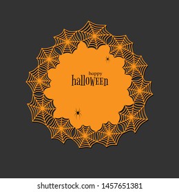 Lace doily lasercut paper Halloween theme Round spiderweb and spider pattern Banner round doily with text Happy Halloween on a dark background lasercut frame Design element for laser cutting Vector