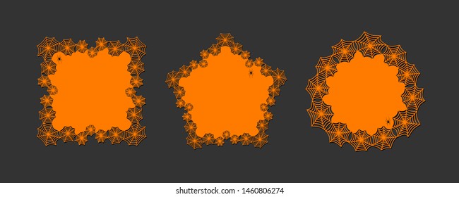 Lace doily lasercut paper Halloween theme Round spiderweb and spider pattern Set Banner doily for Happy Halloween holiday on a dark background lasercut frame Design element for laser cutting Vector