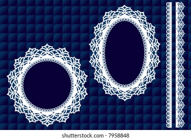 Lace Doily Picture Frames, Vintage Eyelet Trim, quilted blue satin background, antique designs, copy space for do it yourself albums, scrapbooks, arts, craft, holidays. 