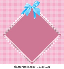 Lace doily. Pink background, blue bow.