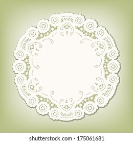 Lace Doily Place Mat. Antique vintage design pattern, pastel green background, copy space for text or art.  