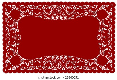 Lace Doily Place Mat. Antique scalloped border design, vintage pattern, red background for Christmas, Valentine's Day, setting table, scrapbooks, cake decorating, copy space. 