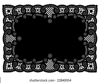 Lace Doily Place Mat. Antique Scalloped Border Design, Vintage Pattern, Black Background For Holidays, Celebrations, Setting Table, Scrapbooks, Cake Decorating, Copy Space. EPS8 Compatible.