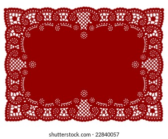 Lace Doily Place Mat. Antique scalloped border design, vintage pattern, red background for Christmas, Valentine's Day, setting table, scrapbooks, cake decorating, copy space. 