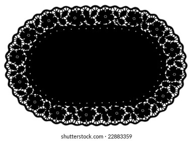 Lace Doily Place Mat. Antique rose border, vintage pattern, black oval background for setting table, holidays, decorating, cake decorating, scrapbooks, copy space. 