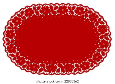 Lace Doily Place Mat. Antique rose border, vintage pattern, red oval background for Christmas, Valentines Day, holidays, decorating, cake decorating, scrapbooks, copy space. 