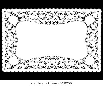 Lace Doily Place Mat. Antique Border Design, Vintage Pattern, White Isolated On Black Background For Setting Table, Holidays, Celebrations, Scrapbooks, Cake Decorating, Arts, Crafts. EPS8 Compatible.