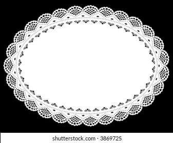 Lace Doily Place Mat. Antique Scalloped Border Pattern, Vintage Design, White Oval, Black Background For Setting Table, Holidays, Celebrations, Scrapbooks, Cake Decorating, Arts, Crafts.  EPS8.